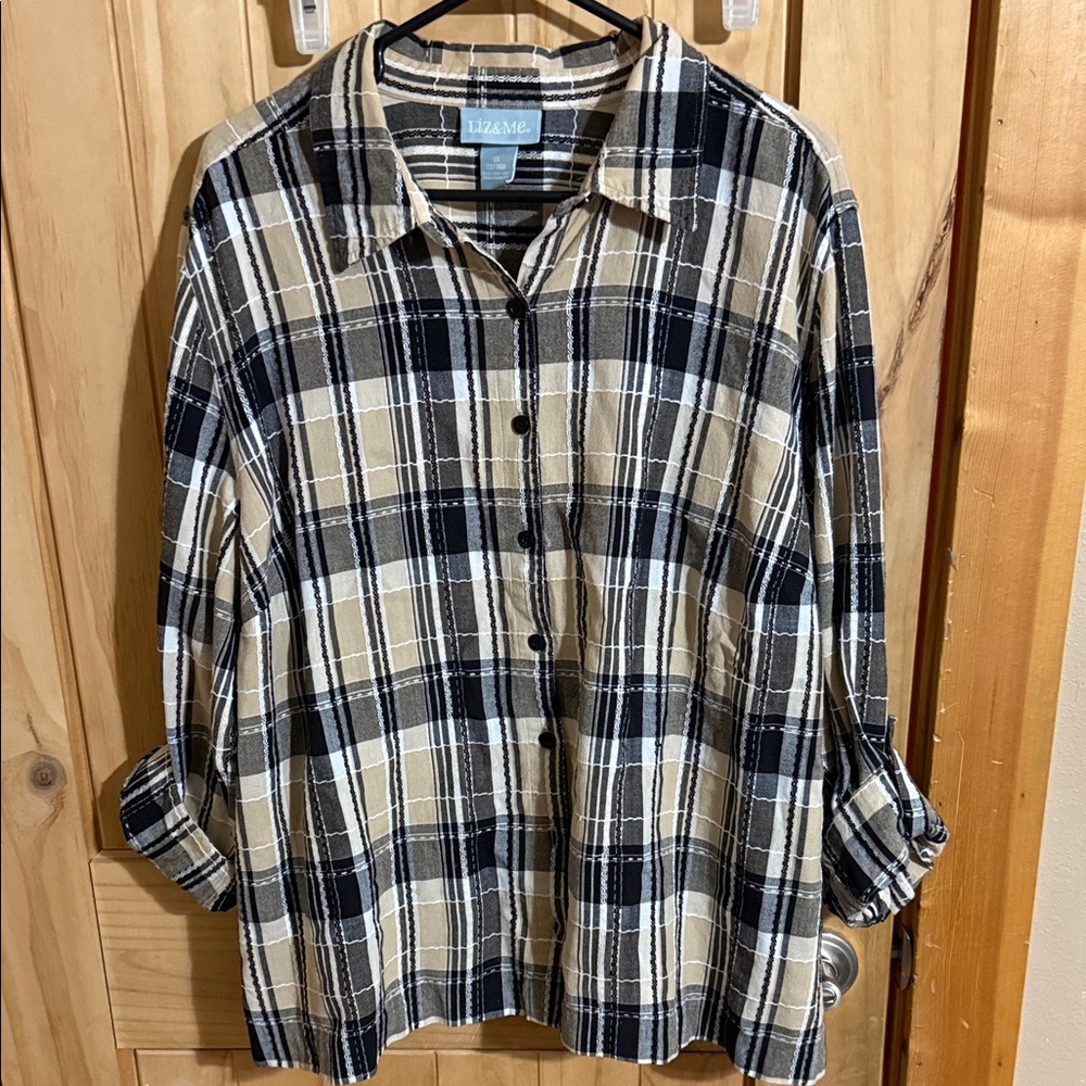Liz & Me Black and Tan Plaid Button Down Shirt